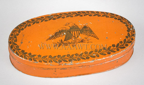 Tinned Oval Box, Original Red with Eagle Decoration
Transfer Printed Great Seal Centered by Wreath of Leaves and Flowers
19th Century, entire view
